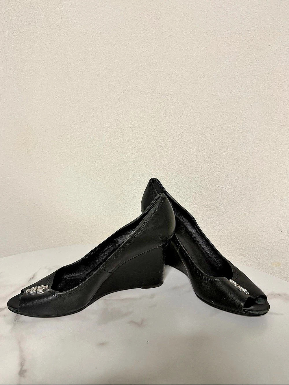 Tory Burch Selma Wedge Peep Toe Pump Black Heels